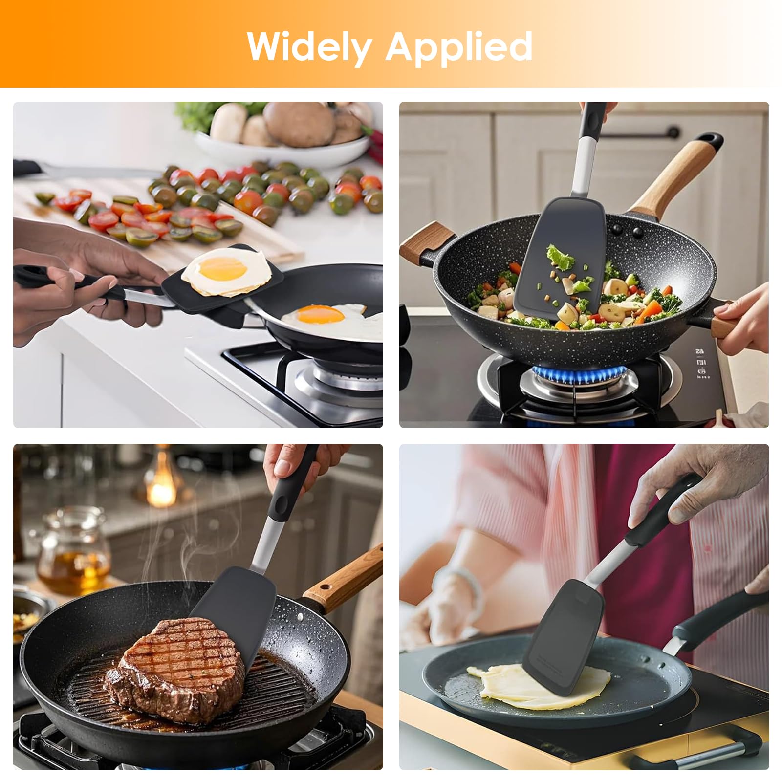 Spatola in Silicone per Cucina 2 Pezzi, Set di Palette da Cucina Flessibili con Anima in Acciaio per Padelle Antiaderenti, Resistente al Calore 230°C per Frittate, Bistecche, Pancake (Nero)
