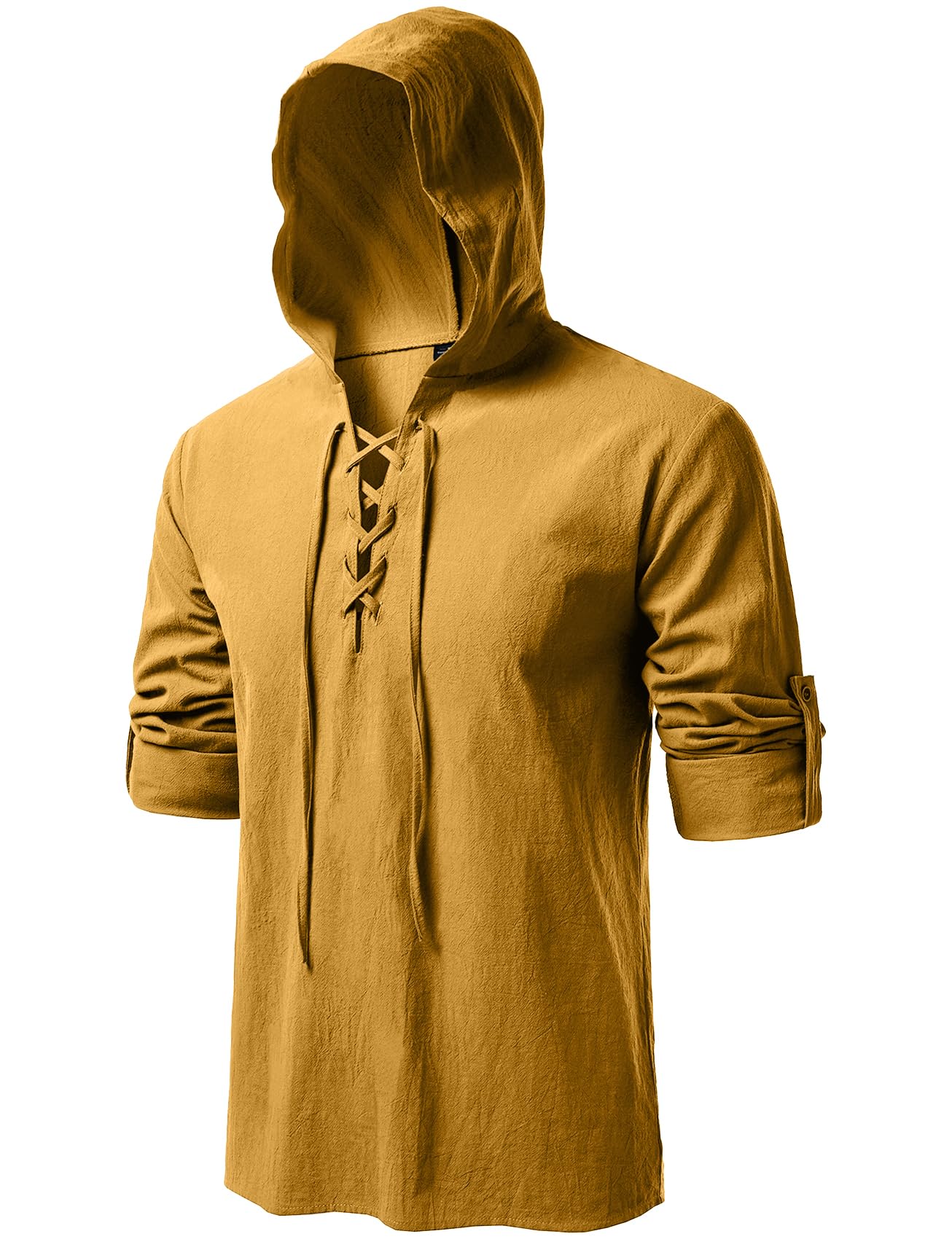JEMITOP Men's Pure Cotton Retro Style Lace Up Hooded Shirts for Renaissance Pirate Viking Medieval Costume, Yellow, XXL