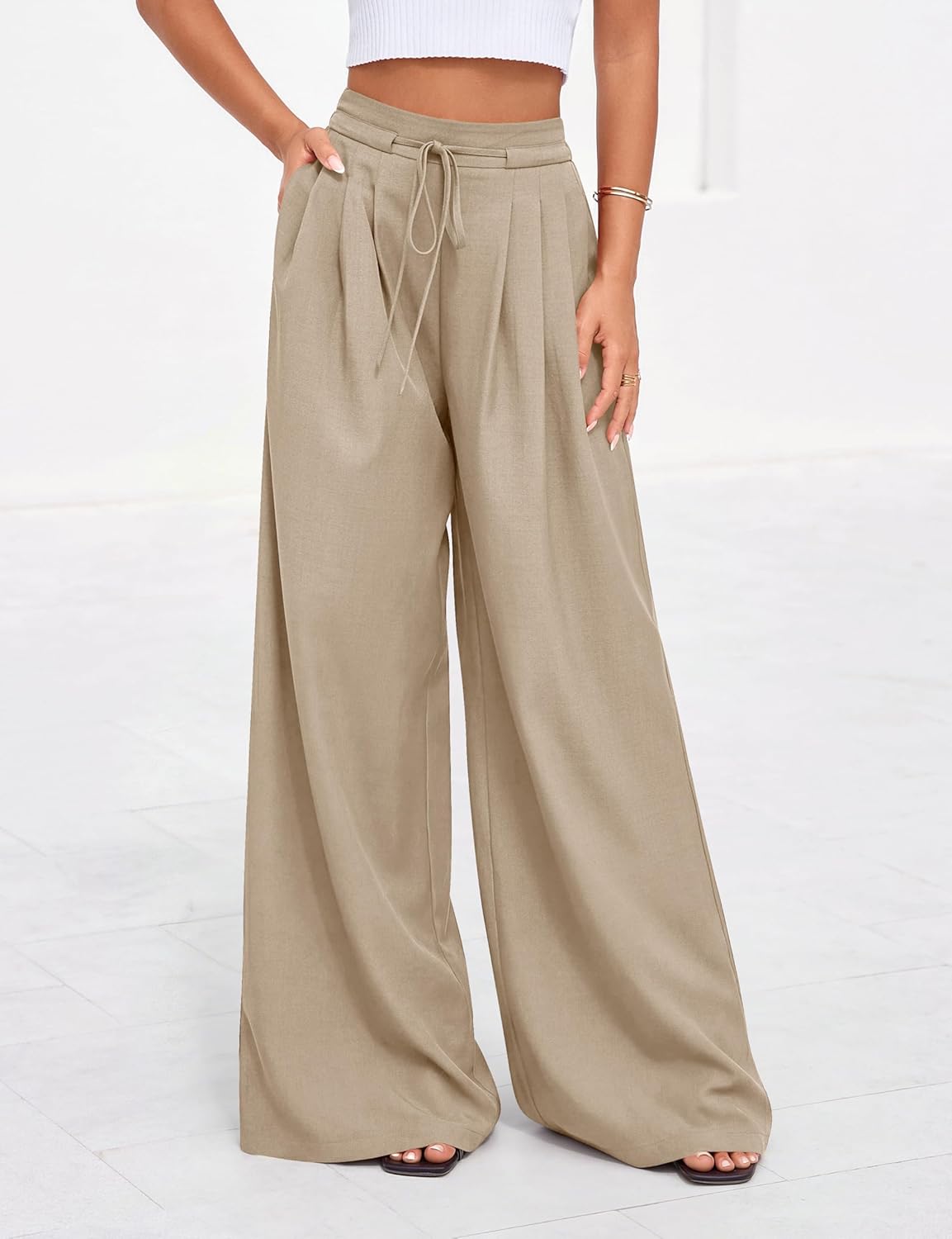 PRETTYGARDEN Womens Spring Wide Leg Dress Pants Business Casual Work High Waist Baggy Tie Trousers Pleated Palazzo Slacks - Image 2