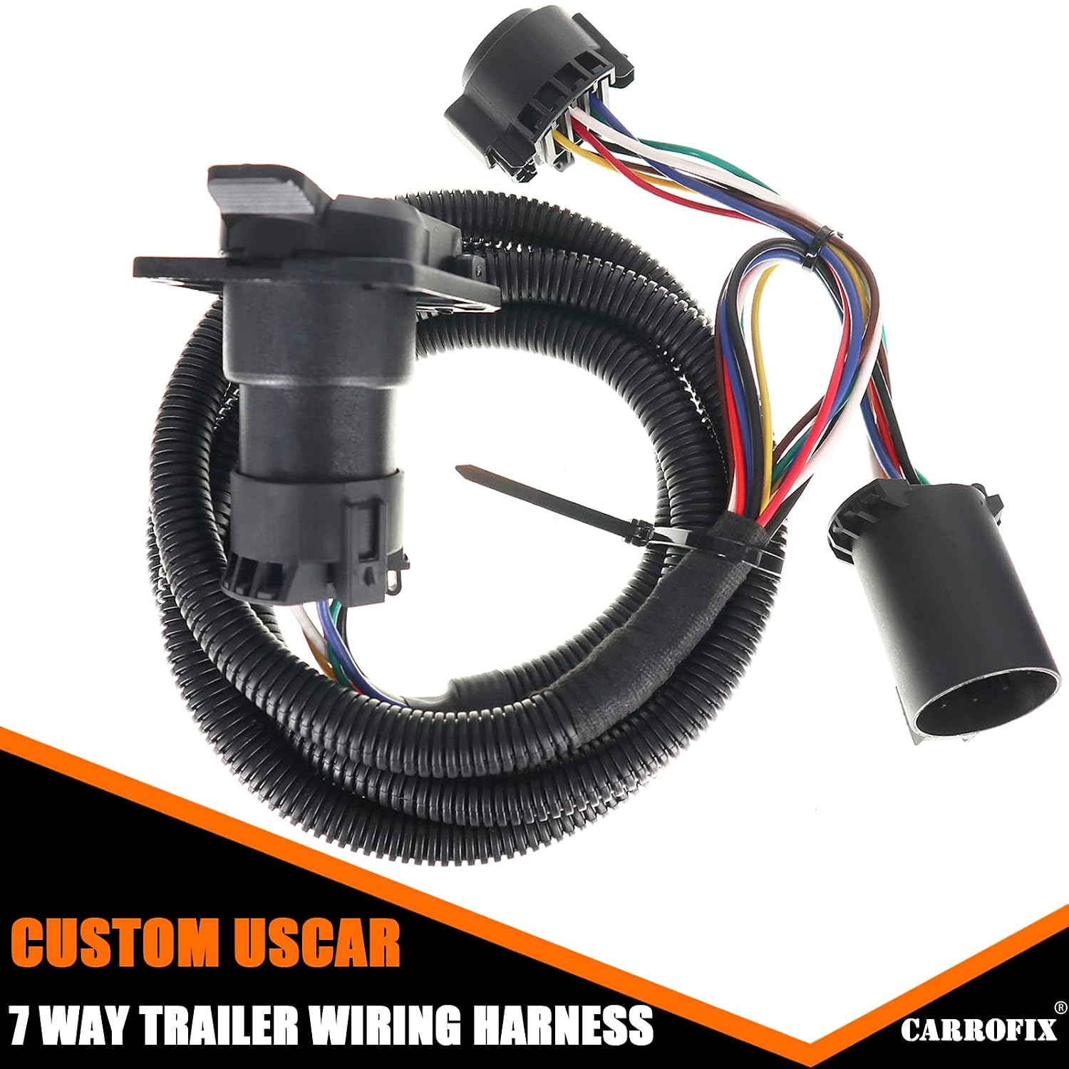 Vehicle-Side Truck Bed 7-Pin Trailer Wiring Harness Extension - 5th Wheel and Goose-Neck Custom Wiring Harness w/ 7-Pole Connector - 7 FT