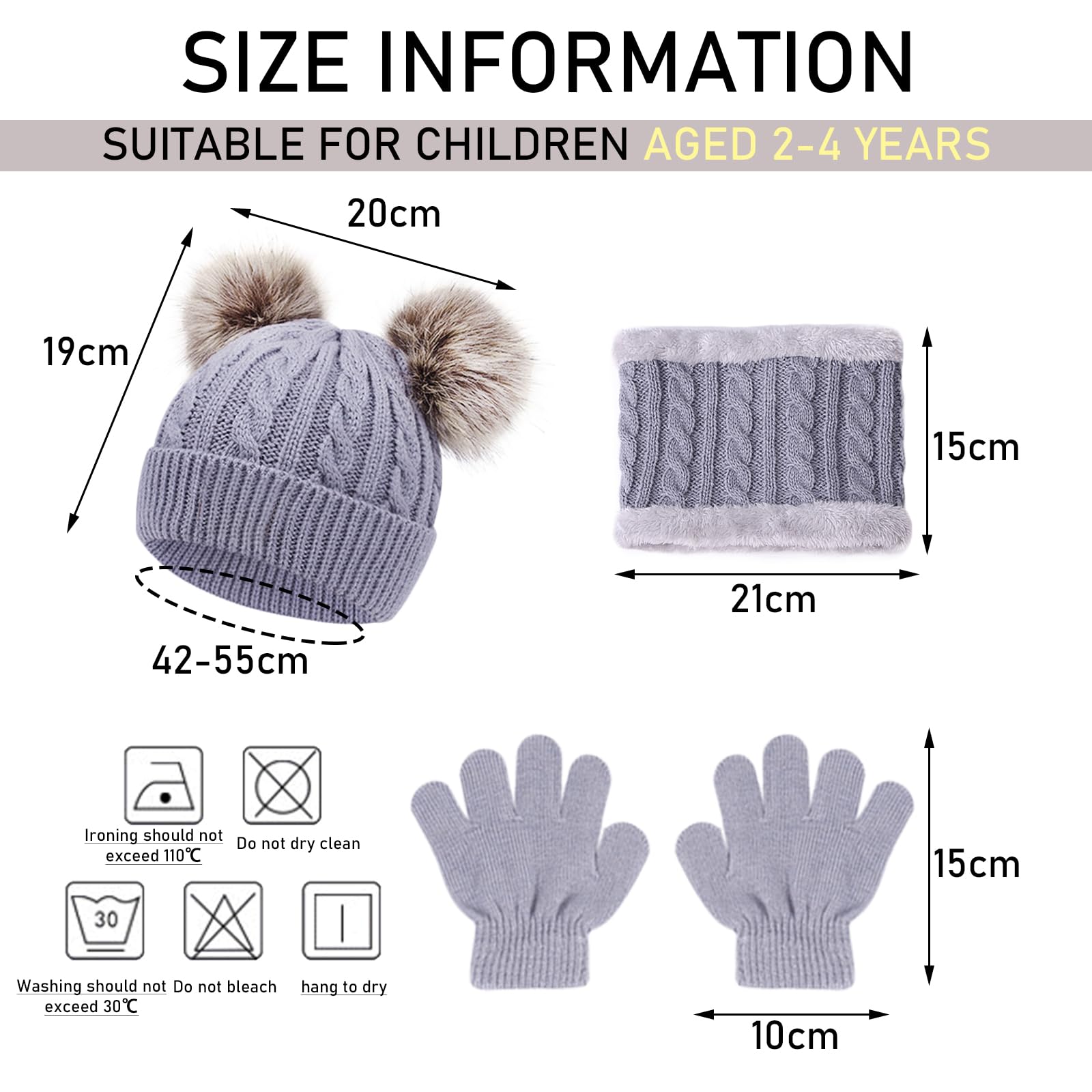 JSTHHTT 3 in 1 Conjunto de Gorro Bufanda y Guantes Niños, Térmico Pompón Beanie Gorro, Sombrero de Punto Invierno Cálido con Pompon, para Niños Niñas 2-4 Años