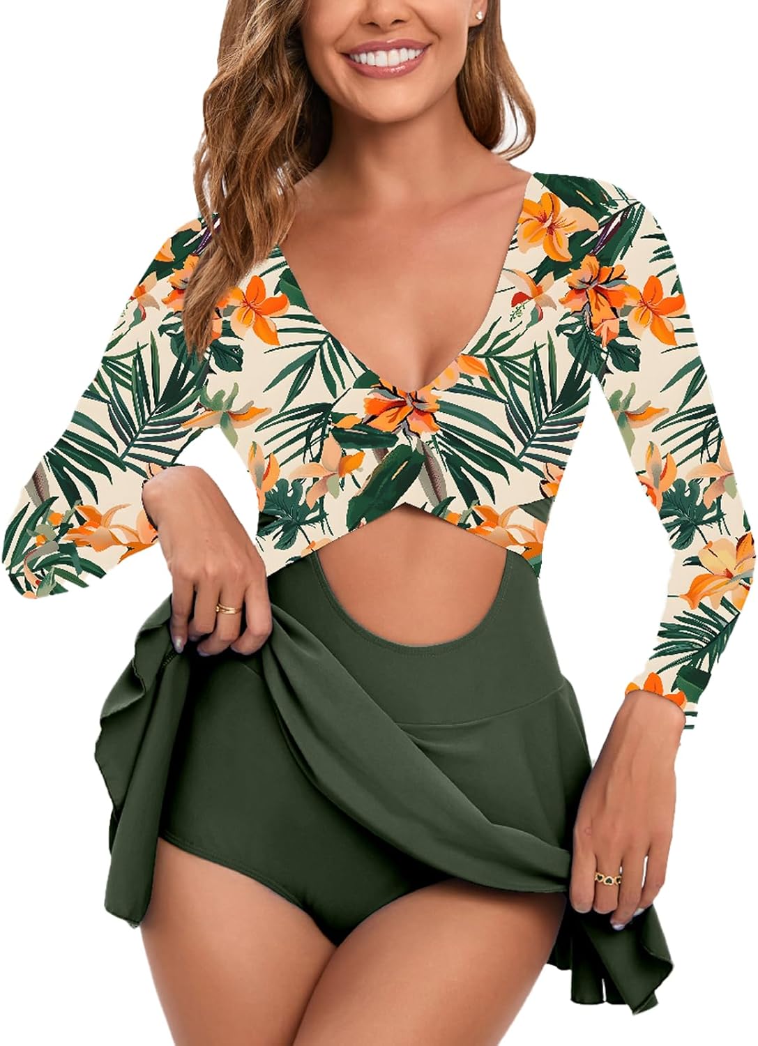 NESY Long Sleeve Swimsuits for Women Rash Guard V Neck One Piece Bathing Suit Swim Dress Woman Swimwear Swimdress UPF 50+