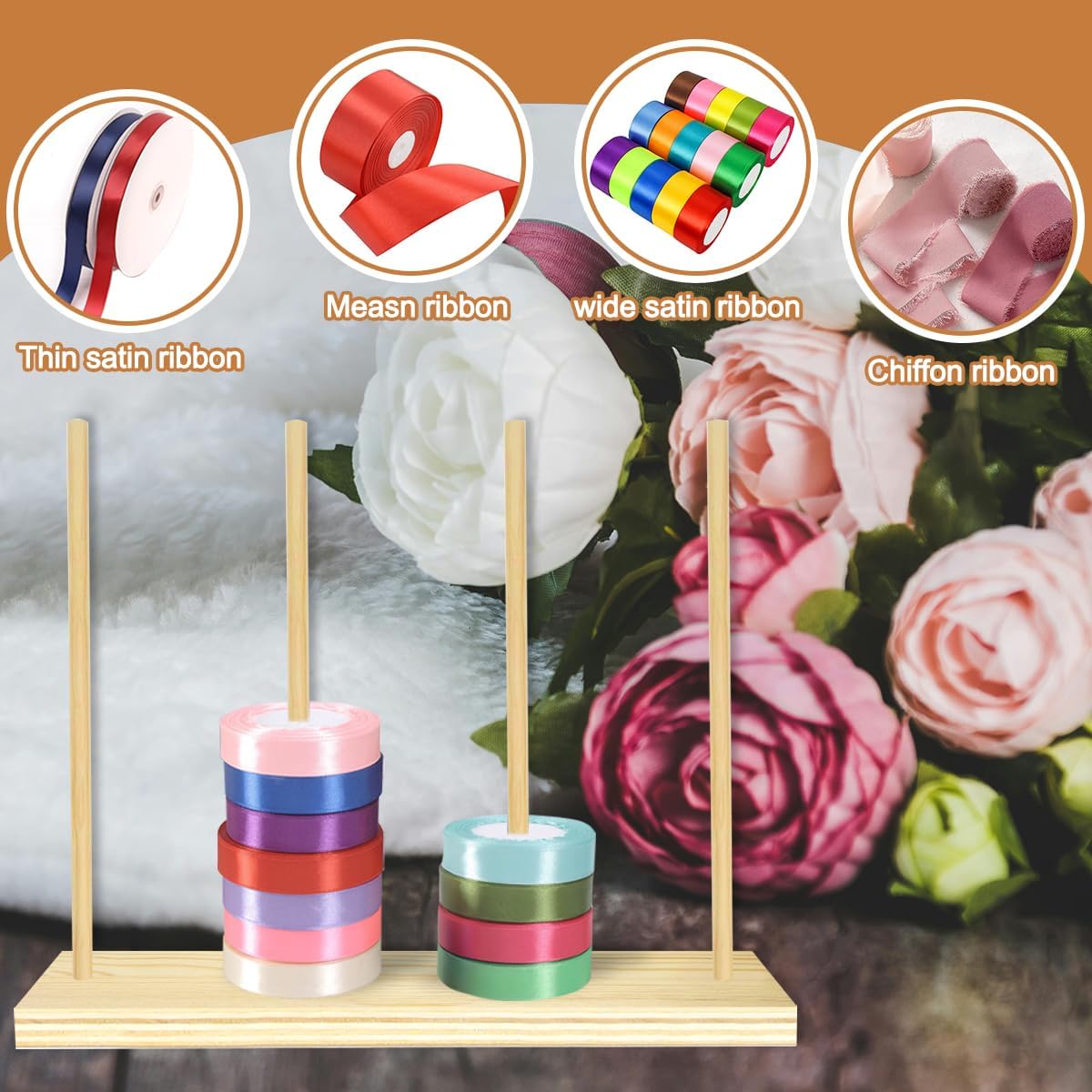 Wooden Ribbon Organizer, Ribbon Rack Storage, Spool Holder, Washi Tape Organizer for Craft Room Sewing Mesh Crochet Thread Tape Wreath Roll Florist Arts Wrapping Gift