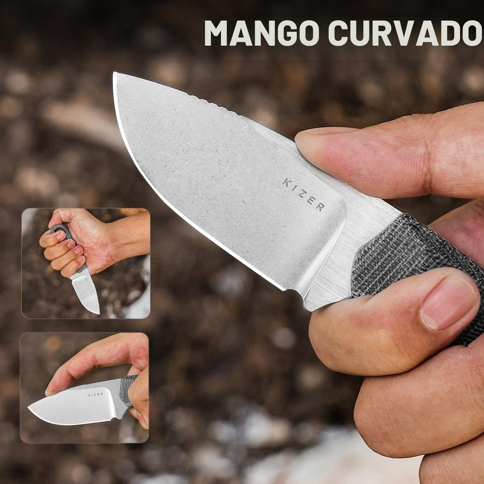 Kizer Beaver Cuchillo de Hoja Fija con Funda, Hoja de Acero Nitro-V de 2,75" Cuchillo EDC con Mango de Micarta y G10, Pequeños Cuchillos de Supervivencia Bushcraft para Hombres y Mujeres, 1078A2 | Cuchillo de camping con punta fija de acero Nitro-V de 7 c