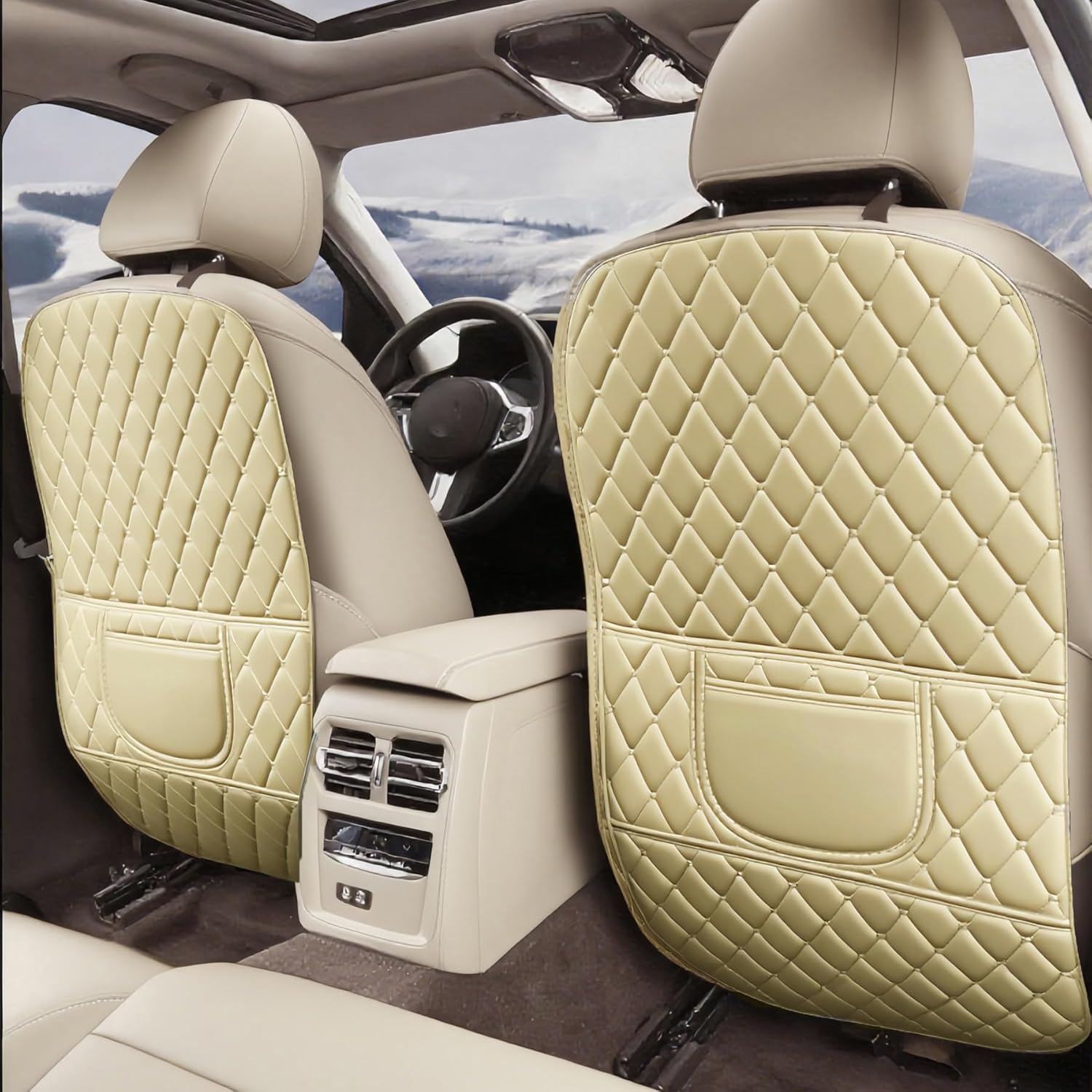 Leatherette Car Seat Protector - 2 Pack Large Car Kick Mats with Storage Pockets Organizer Seat Back Cover Against Dirty Shoes & Scratches, Universal Fit for Most Vehicles, Beige