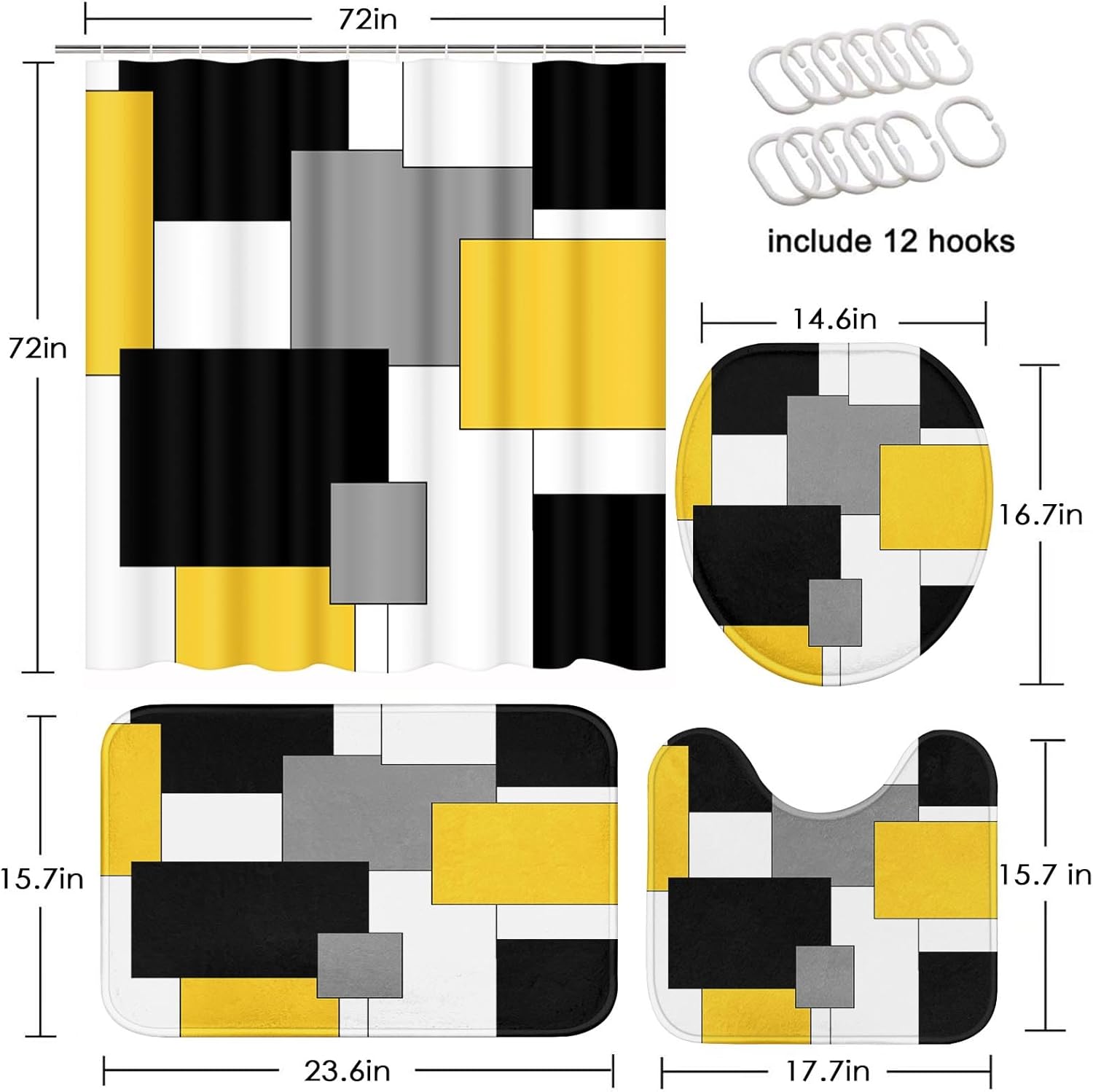 Yellow Black Grey Modern Bathroom Set with Shower Curtain and Rugs Accessories, Modern Abstract Shower Curtain Yellow Grey Abstract Bathroom Decor 4 Pcs