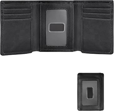 Trifold Wallet for Men, Leather Wallets with 8 Card Slot and 2 Money Pocket and 1 Clear Photo Slot + 1 Minimalist Leather Card Pocket with 6 Card Slot and 1 Transparent Windows Slot - Black