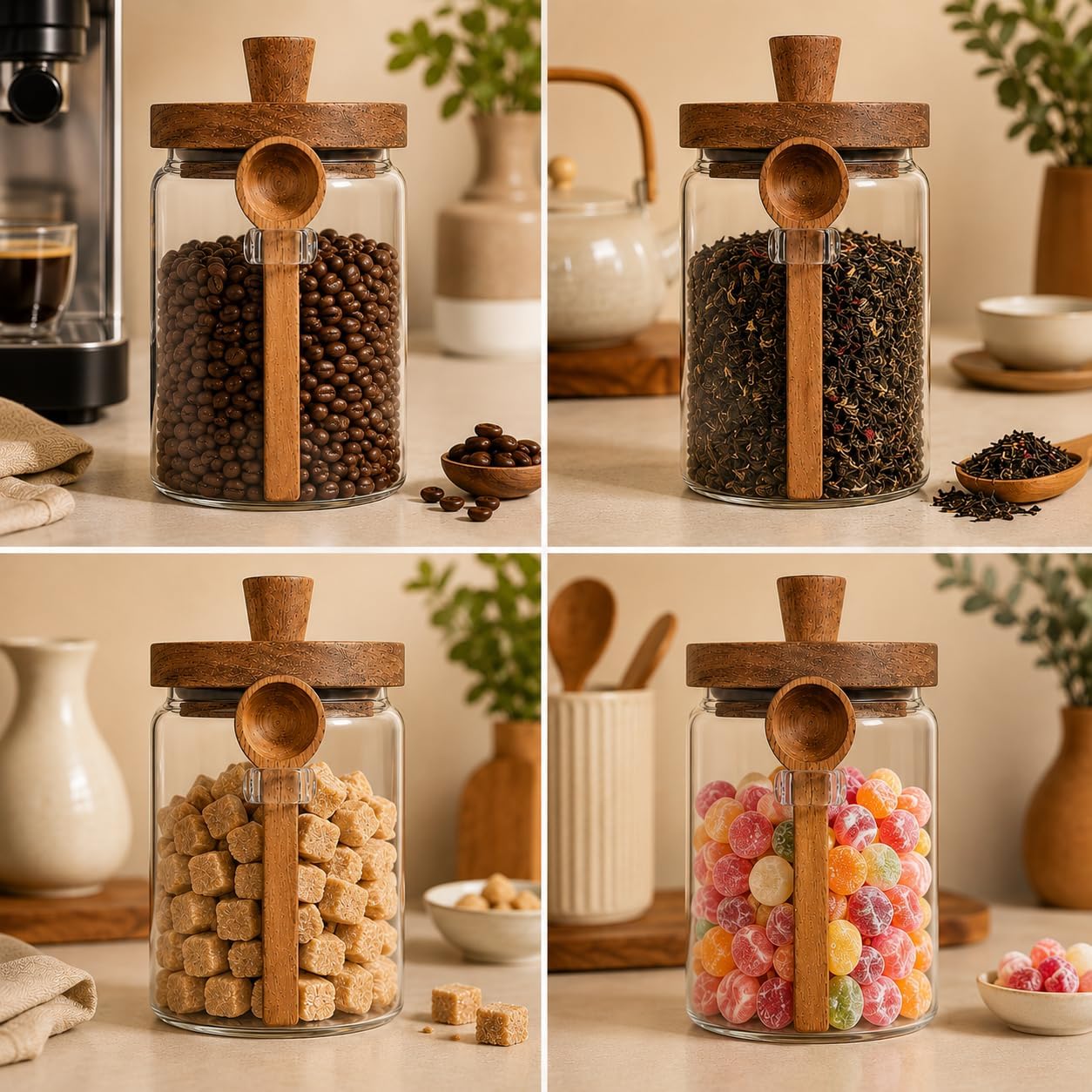 ANSQU Set of 2 Glass Food Storage Jars with Woodens Lid and Spoons, 20.3oz Glass Kitchen Canisters for Coffee, Tea, Cereal, Spice and Canning, Mason Jars, Cute Jars thumbnail