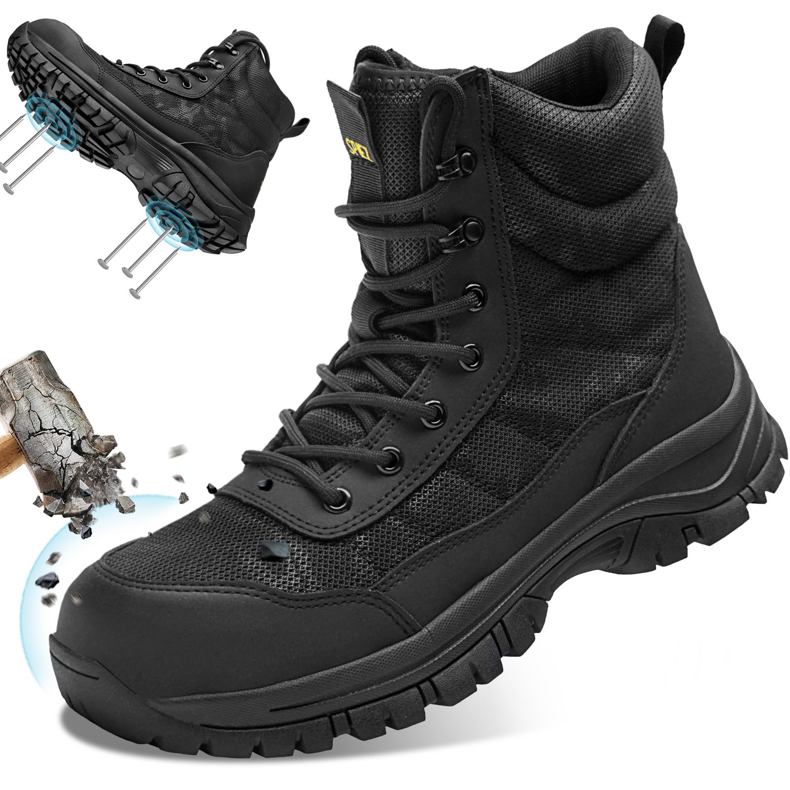 SPIEZ Chaussures de sécurité homme avec embout en acier, semelle antidérapante et anti-perforation, fermeture éclair latérale & légères pour le bâtiment et l’industrie, tailles 40–46