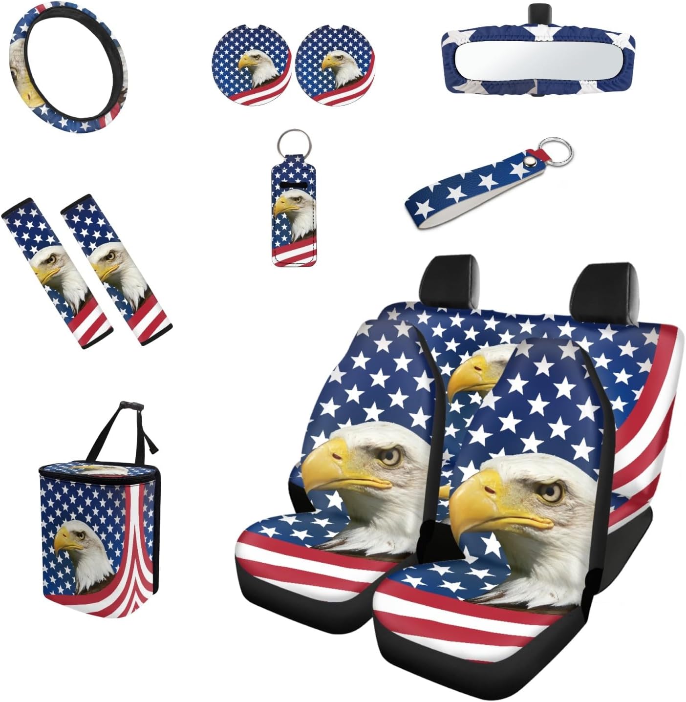 NDISTIN Eagle Car Seat Covers Full Set of 13 Steering Wheel Cover Seat Belt Cover Car Trash Bag American Flag Rearview Mirror Cover Keyrings Lipstick Holder Auto Accessory Interior Decor