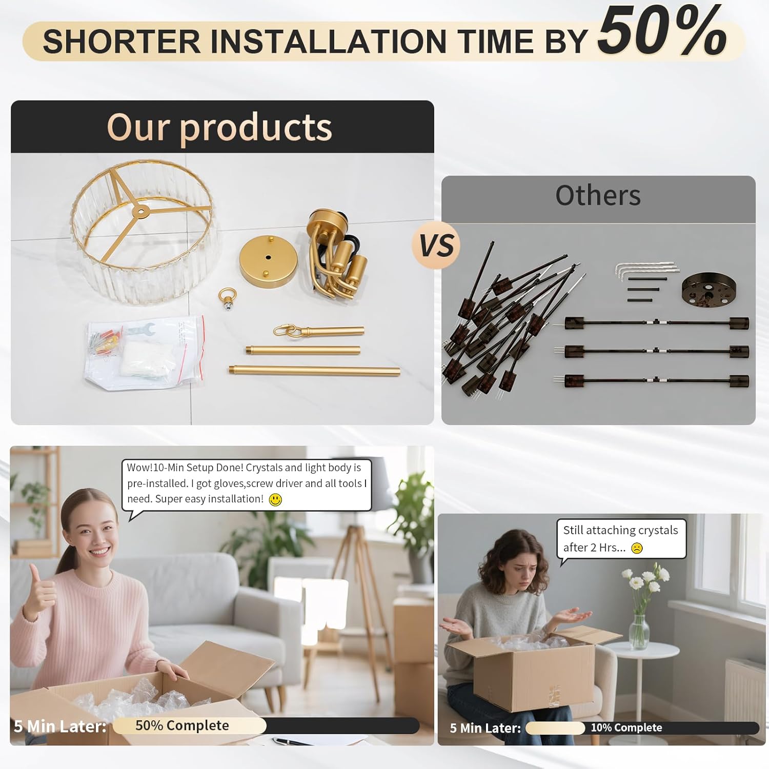 Gold Crystal Chandelier, 4-Light Candle Style Crystal Drum Chandelier, Modern Semi Flush Mount Ceiling Chandelier Light Fixtures for Dinning Room Living Room Kitchen Bedroom Hallway Entryway,11.6 Inch