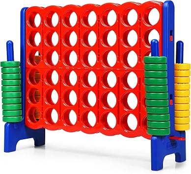 GYMAX Giant Four in a Row, 4 to Score Jumbo Game with 42 Rings & Quick-Release Slider, Outdoor Connect 4 Family Games for Kids Adults Red