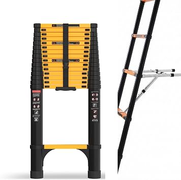 SINMEIRUN Telescoping Ladder, 20.3 FT, Stabilizer, 330 lbs Capacity; Yellow | EN131 Certified, Wall Standoff Stabilizer; Collapsible Straight Ladder for Home, Roof and RV