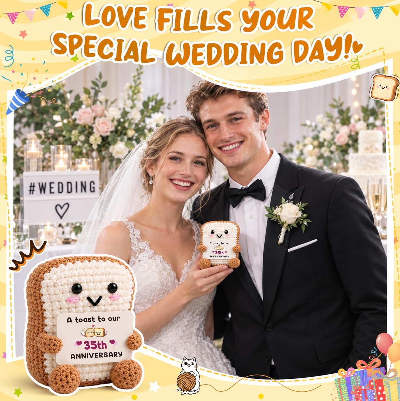 35 Year Anniversary Couples Gifts for Boyfriend Girlfriend, Handmade Mini Crochet Toast Keepsake with Card, 35th Wedding Anniversary Gift for Him Her, Romantic Husband Wife Desktop Décor image 4