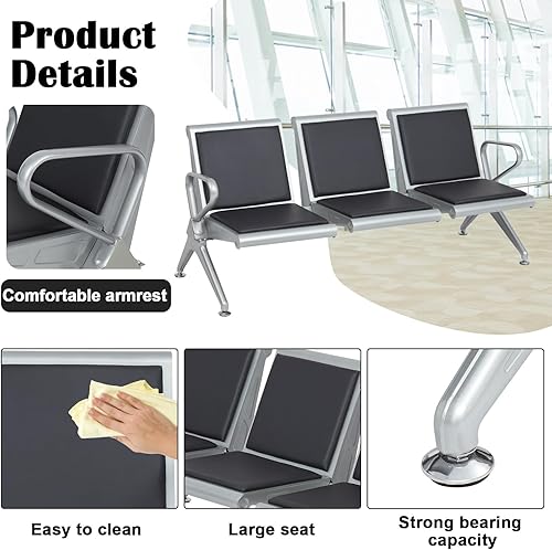Miniatura 3 de Kinbor Silla de invitados de recepción de 3 asientos silla de sala de espera con cojín de piel sintética banco de invitados para el aeropuerto