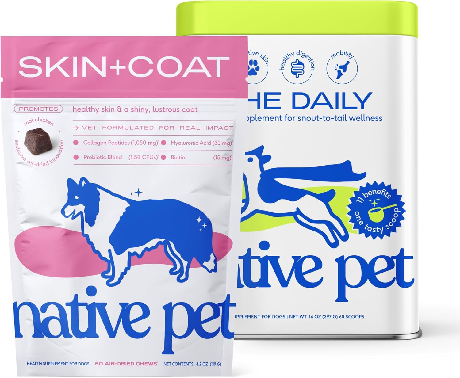 Native Pet Omega Skin and Coat Chews for Dogs (60 Air-Dried Chews) & The Daily Dog Supplement (60 Scoops) - Promotes Healthy Skin, Shiny Coat, Strong Joints & 11 in 1 Multivitamins Bundle