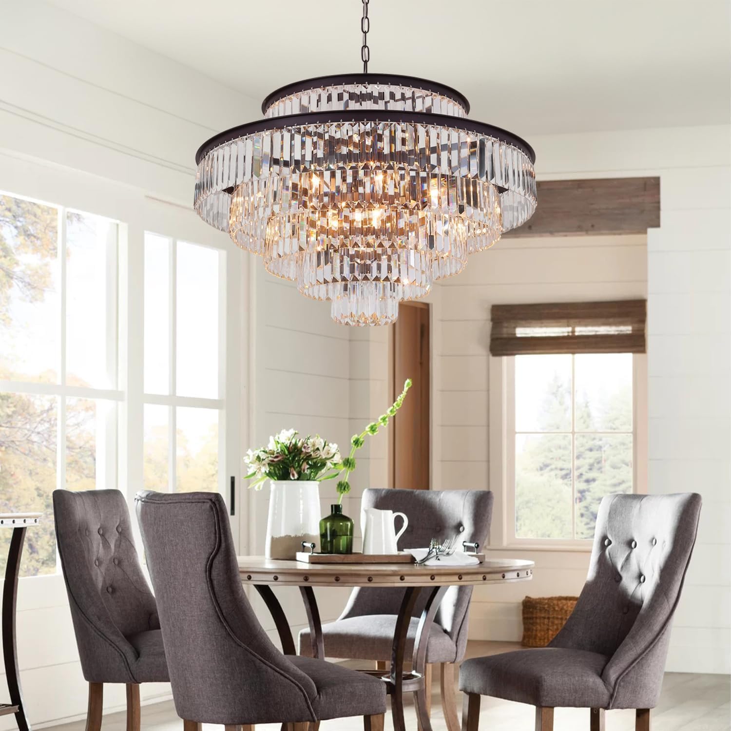 6-Tier Large Gold Crystal Chandeliers 31" Modern Luxury Chandeliers for Staircase K9 Crystal High Ceiling Chandelier 17-Light Round Hanging Pendant Light Fixture for Living Room Entryway Foyer