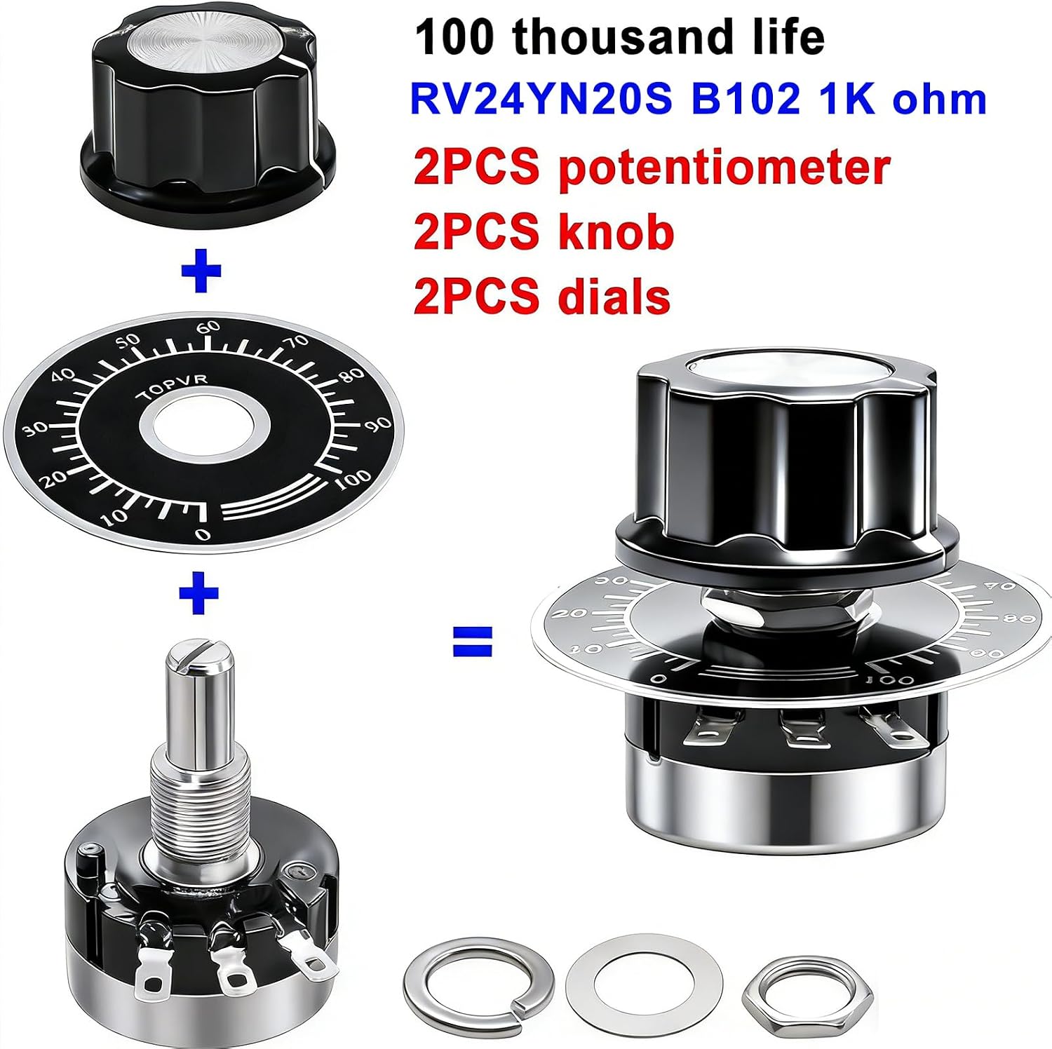 Taiss 2pcs RV24YN20S 1K Potentiometer Single Turn Carbon Film Rotary Taper Potentiometer Used for Inverter speed regulation. Motor speed control + 2pcs A03 knob + 2pcs dials (B102 1K ohm)