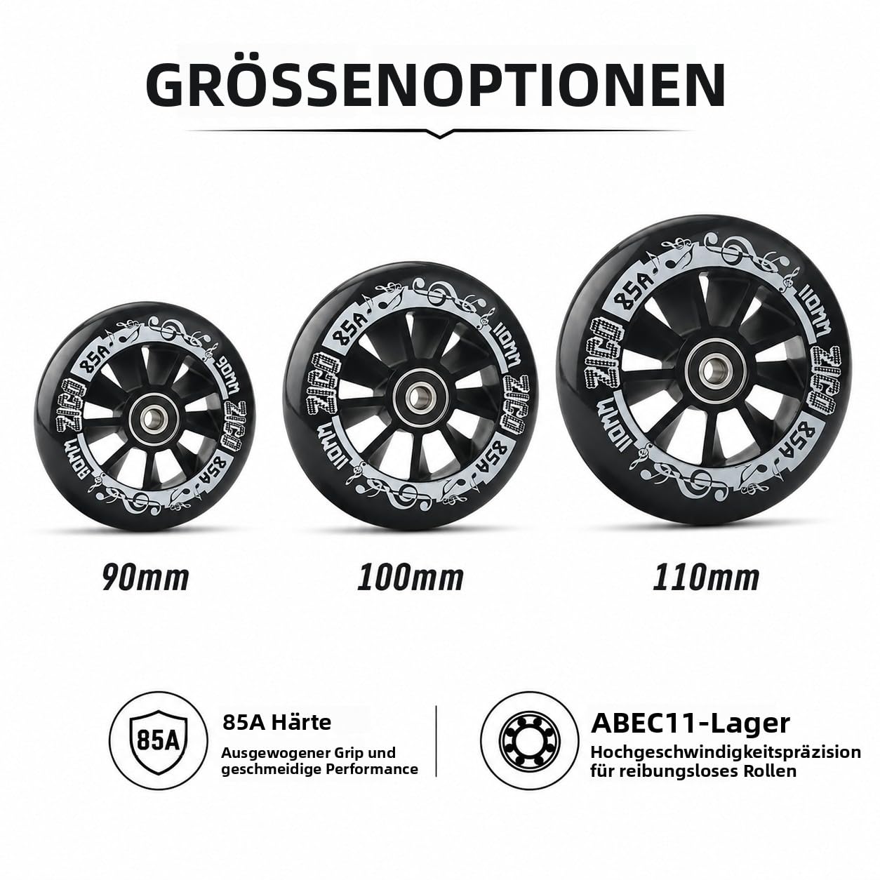 Speed Inline Skate Rollen 6er 90mm 100mm 110mm Ersatzrollen für Inliner mit ABEC11 Hochgeschwindigkeits-Kugellagern, 85A PU Rollen, Verschleißfest für Outdoor Straße, Bahn, Skating (White,90mm)