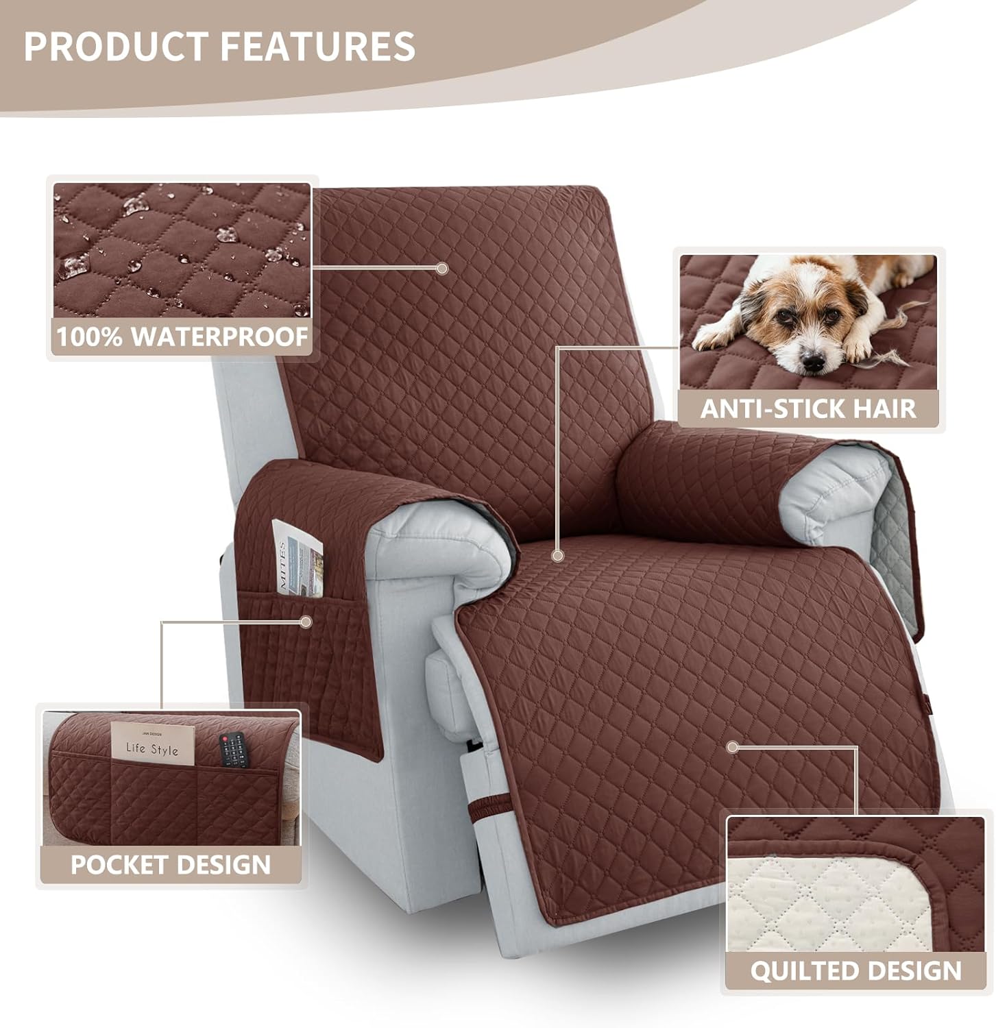 100% Waterproof Recliner Chair Covers 23.6", Non-Slip Recliner Cover for Chair with Pocket Washable Recliner Covers that Stay in Place with Elastic Straps for Dogs Cats Kids Pets-Coffee
