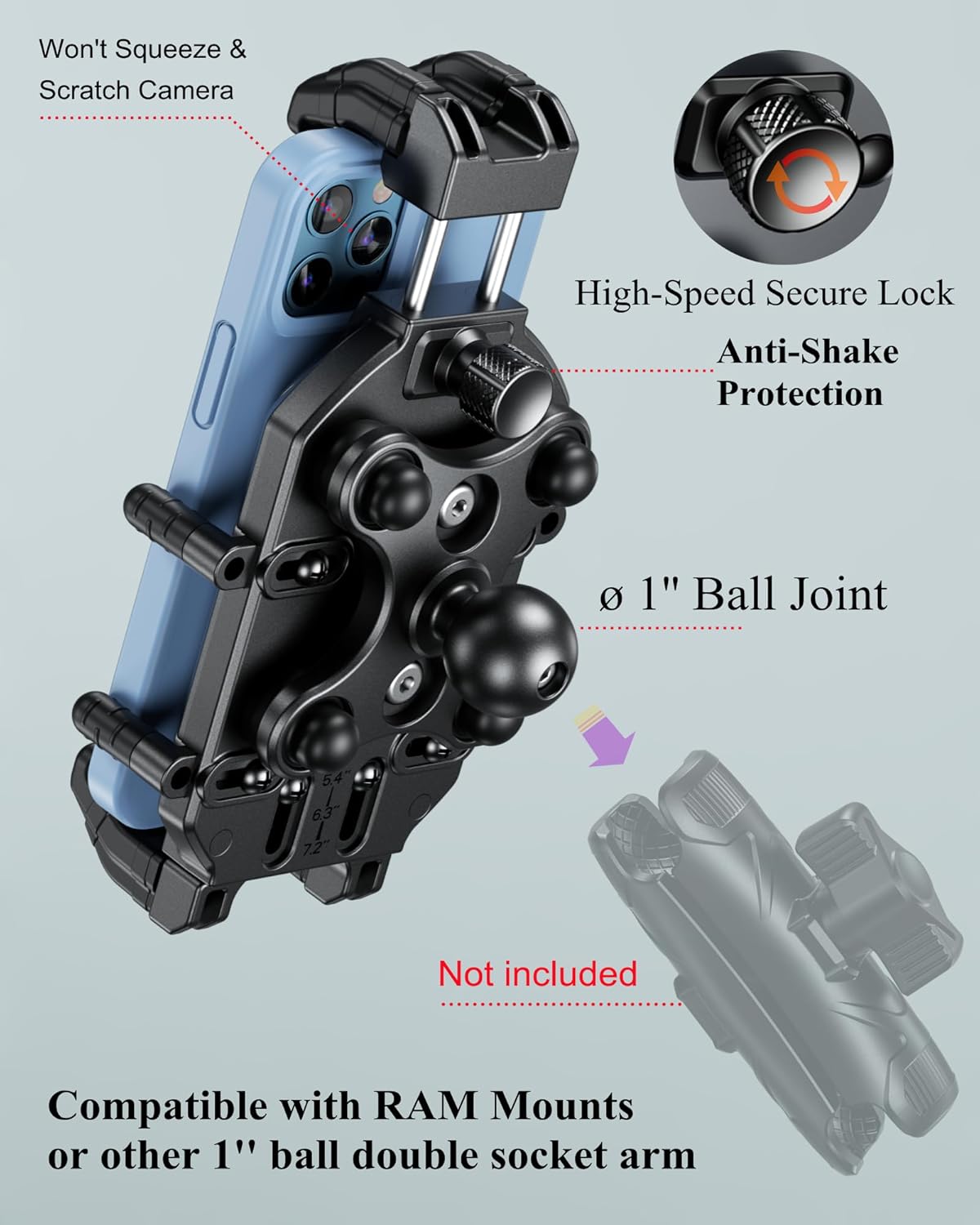 BRCOVAN 1'' Ball Phone Mount Holder with Vibration Dampener & Secure Lock, Fit for RAM Mounts B Size Double Socket Arm, for Motorcycle ATV UTV Car Bike Boat Truck Scooter, Fit 5.4-7.2'' Cellphones