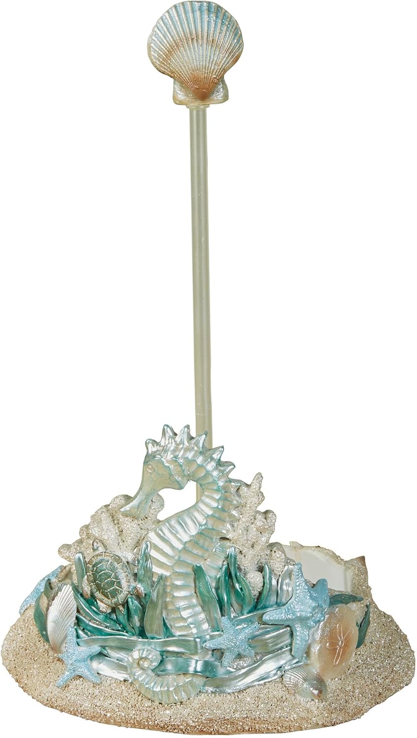 Seahorse Coastal Paper Towel Holder | Handpainted Pearlescent Metallic Hues | Ocean Sealife, Coral Reef, & Seashells on a Textured Sand Design | Beach-Themed Kitchen Countertop Paper Towel Roll Stand