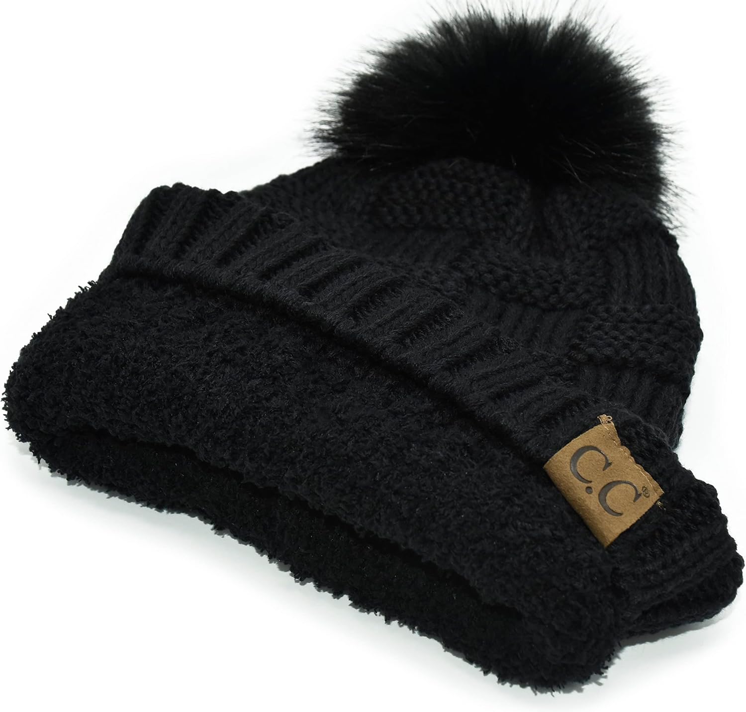 C.C Knit Beanie Hat – Fuzzy Fleece Lined Warm Winter Hat, Faux Fur Pom Soft Stretchy Slouchy Knit Cap, Cold Weather Beanie - Image 4