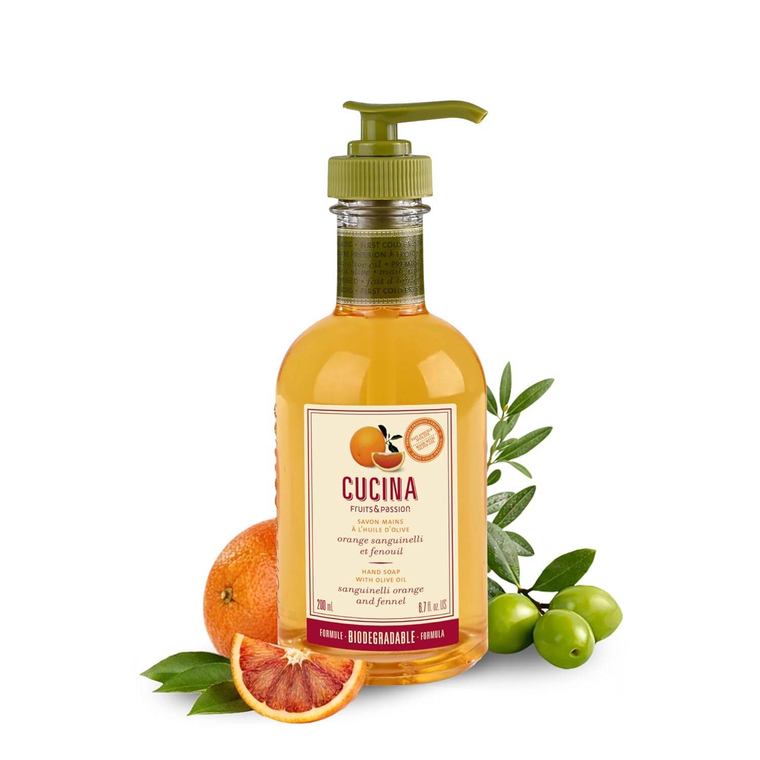 Cucina Hand Soap with Olive Oil, Sanguinelli Orange and Fennel Scent, 6.7 oz (200 ml), Biodegradable Formula, Recyclable Bottle, Made in Canada, Fruits and Passion
