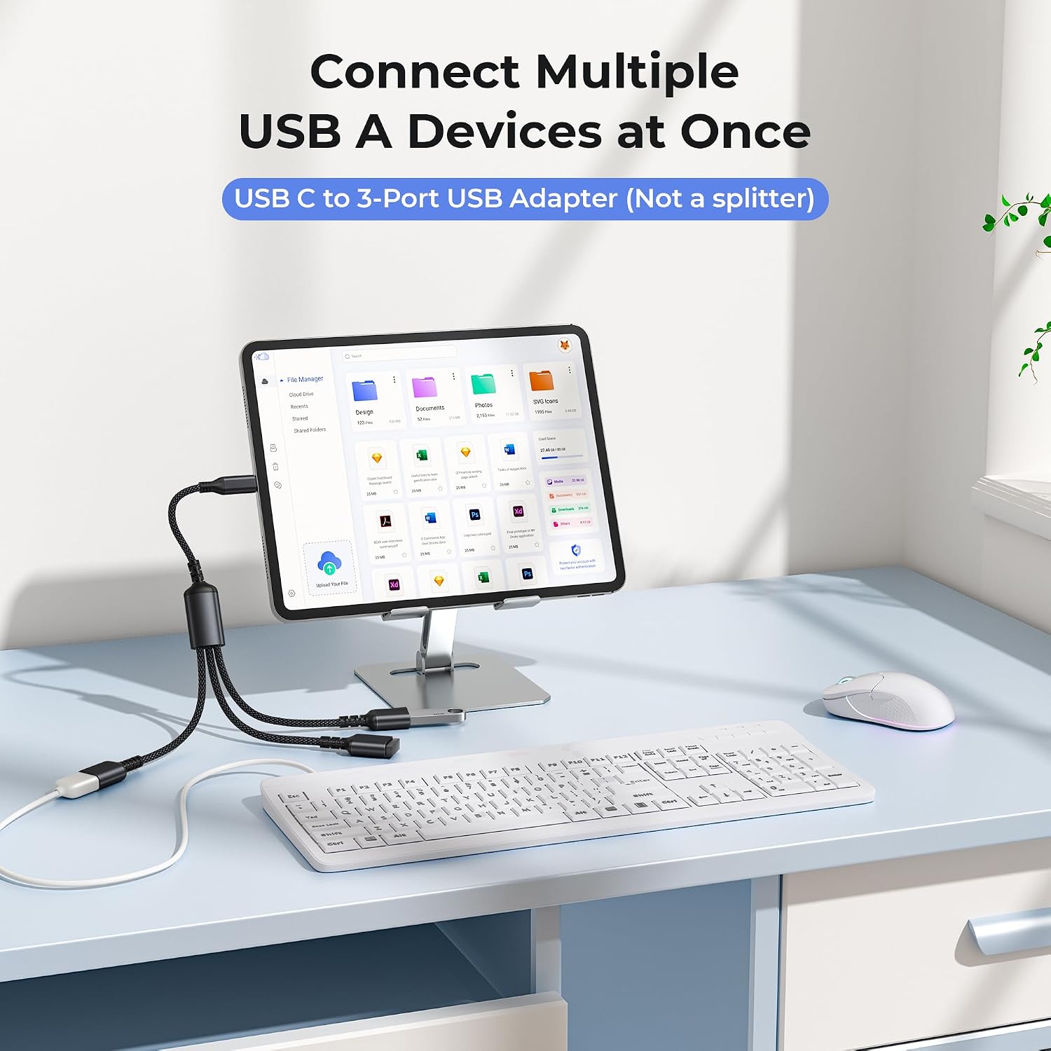 Basesailor USB C to 3 USB Adapter 1FT,USBC Male to 3-Port USBA OTG Splitter | Thunderbolt 4 Type C to Multiple Y Cable Converter for MacBook Pro,Apple iPhone 17 16,Mac,Flash Drive,Keyboard,Printer,S26