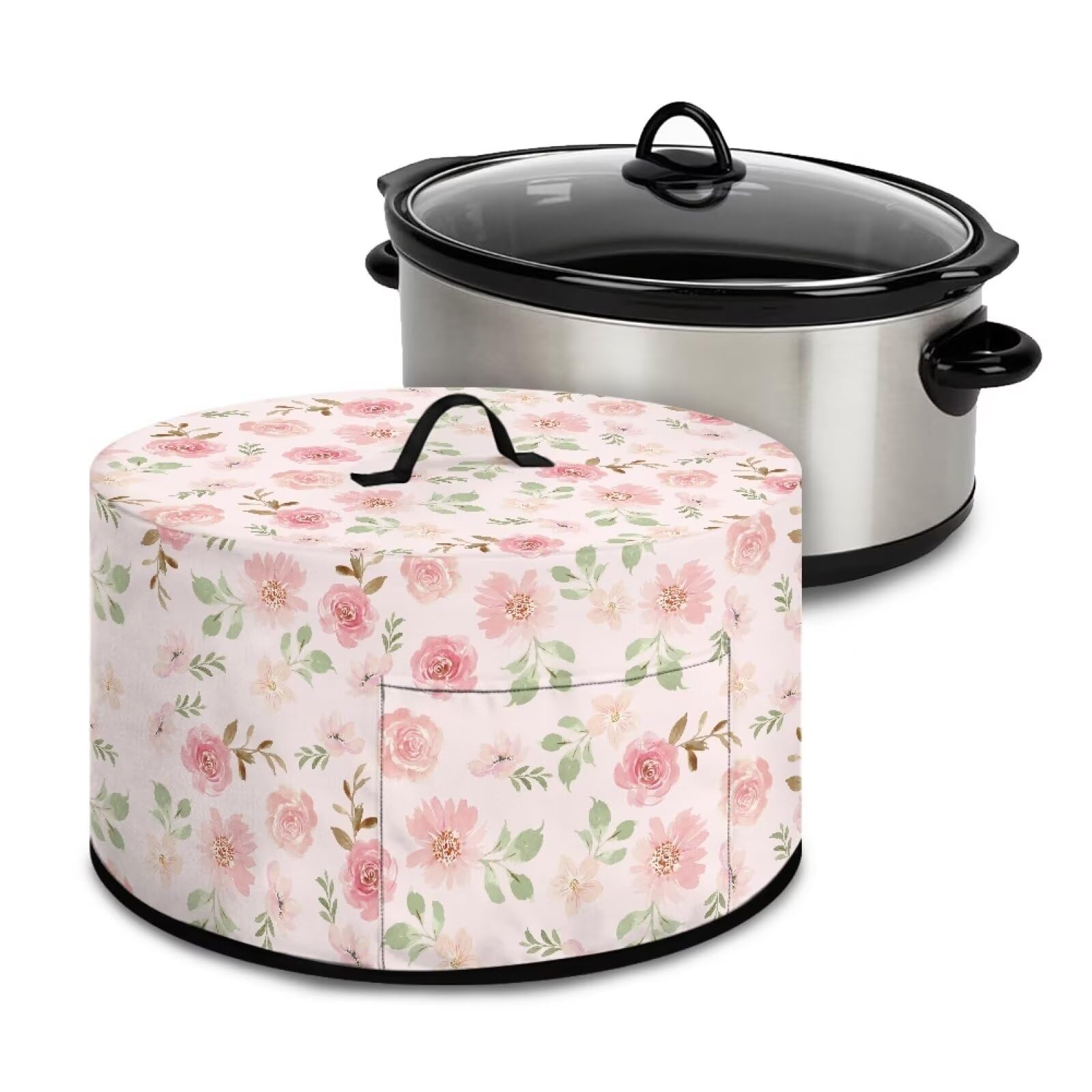 Freewander Pink Rose Slow Cooker Cover Kitchen Accessories Kitchen Decor Small Appliance Cover with Pocket Washable Dustproof Slow Cooker Cover for 6-8 Quart Slow Cooker