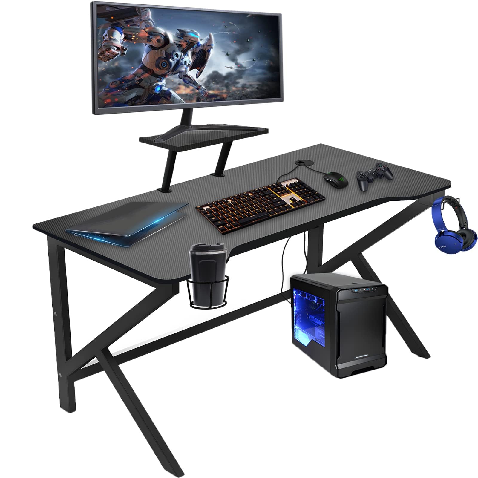 Scrivania Gamer Ergonomico, Vassoio in Fibra di Carbonio Impermeabile Antigraffio Struttura a Forma di K, Accessori Inclusi per Ufficio e Gioco, Tavolo Multifunzione per Adulto, 100x55x74