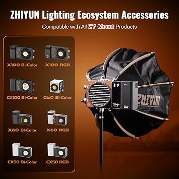 ZHIYUN MOLUS X100 RGB Standard 100W Video Light [Official] 14.17inch 40D MINI Octagonal Softbox ZY Mount Quick Folding Quick Set Up with Diffusers/Honeycomb Grid