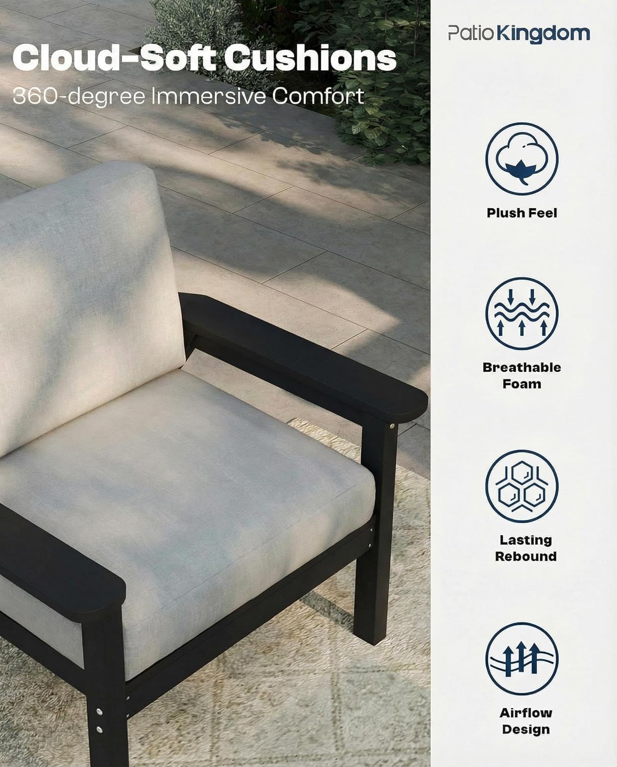 Patio Furniture Set 6 Seats, HDPE Outdoor Sectional with Gray Washable Thick Cushions, Coffee Table, Patio Conversation Sets for Lawn, Garden, Porch, Balcony, Deck (Black Frame)
