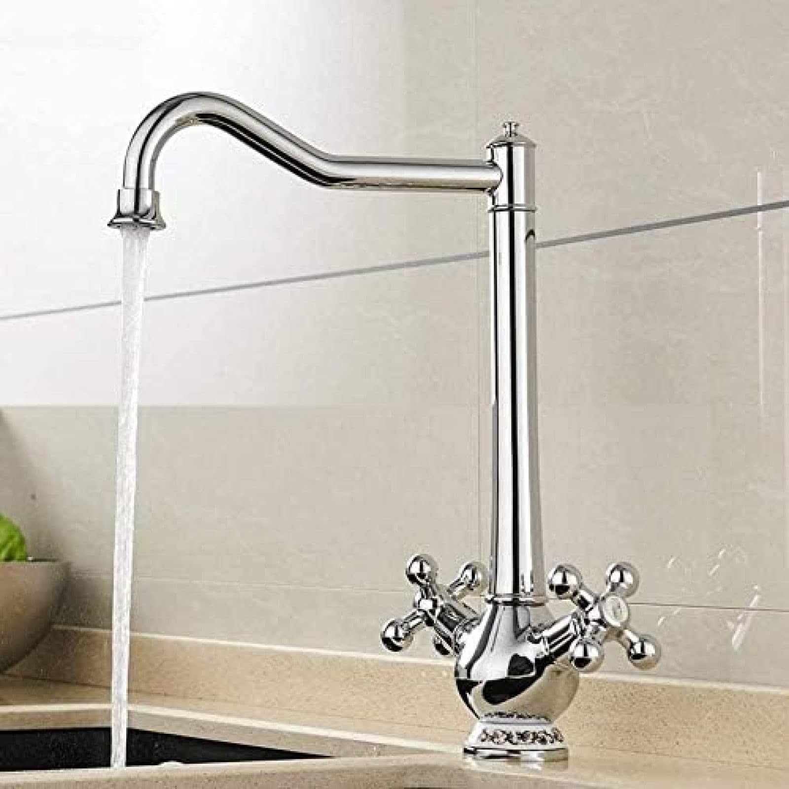 COSZWQDP Kitchen Taps Faucet Cold and Warm Chrome 360 ??Degree Sink Swivel Spout Double Cross Handle Deck