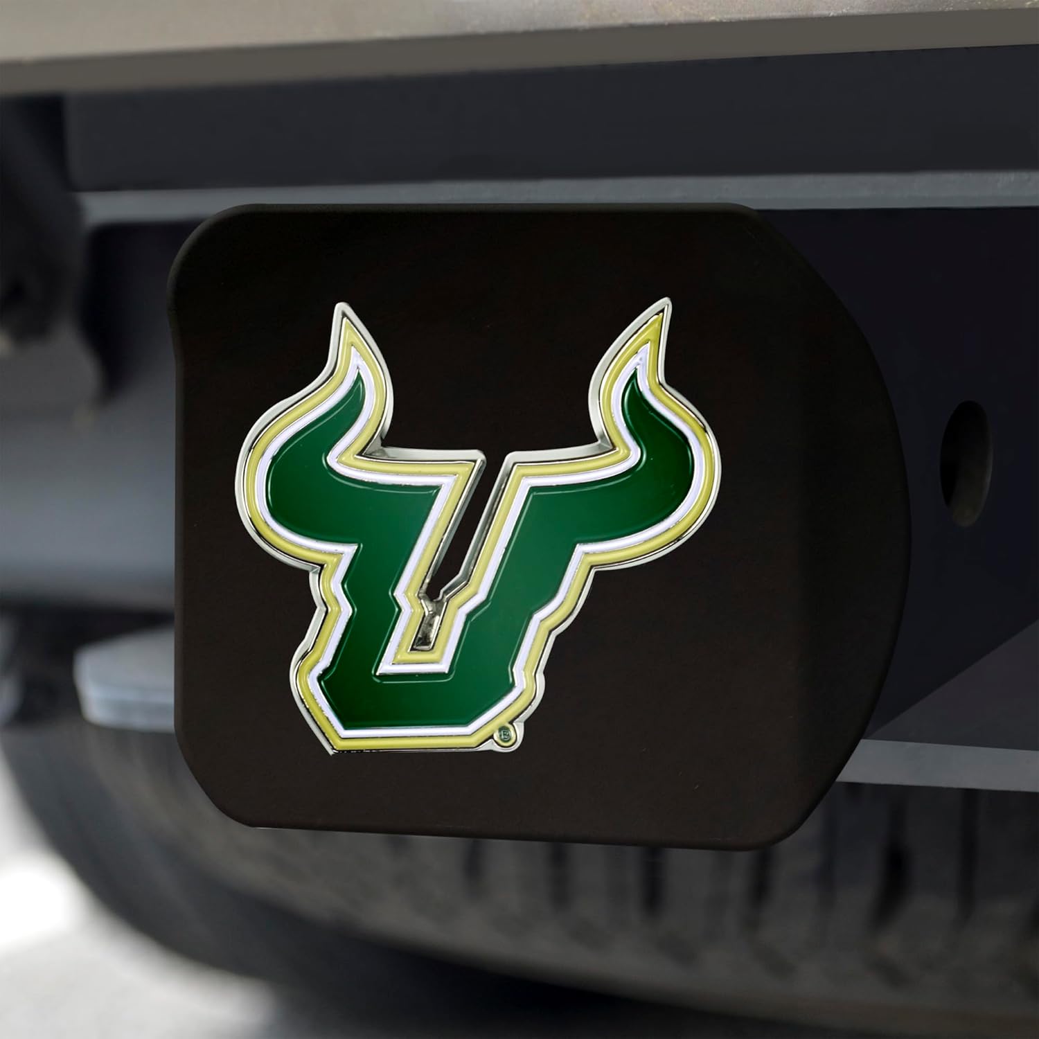 FANMATS 31106 University of South Florida Black Metal Hitch Cover - 3D Color Emblem with Metal Chrome 3D Logo Emblem – Easy Installation on Truck, SUV, Car - Ideal Gift for Die Hard NCAA Fan