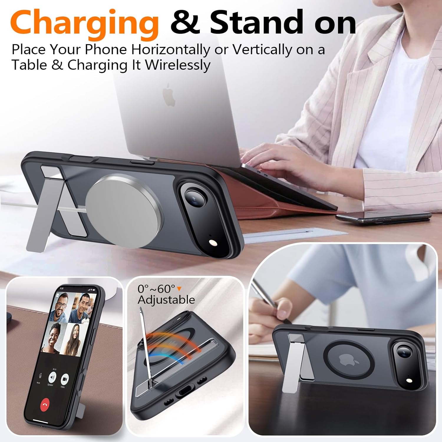 xiwxi iPhone Air Case showing horizontal and vertical kickstand use with wireless charging