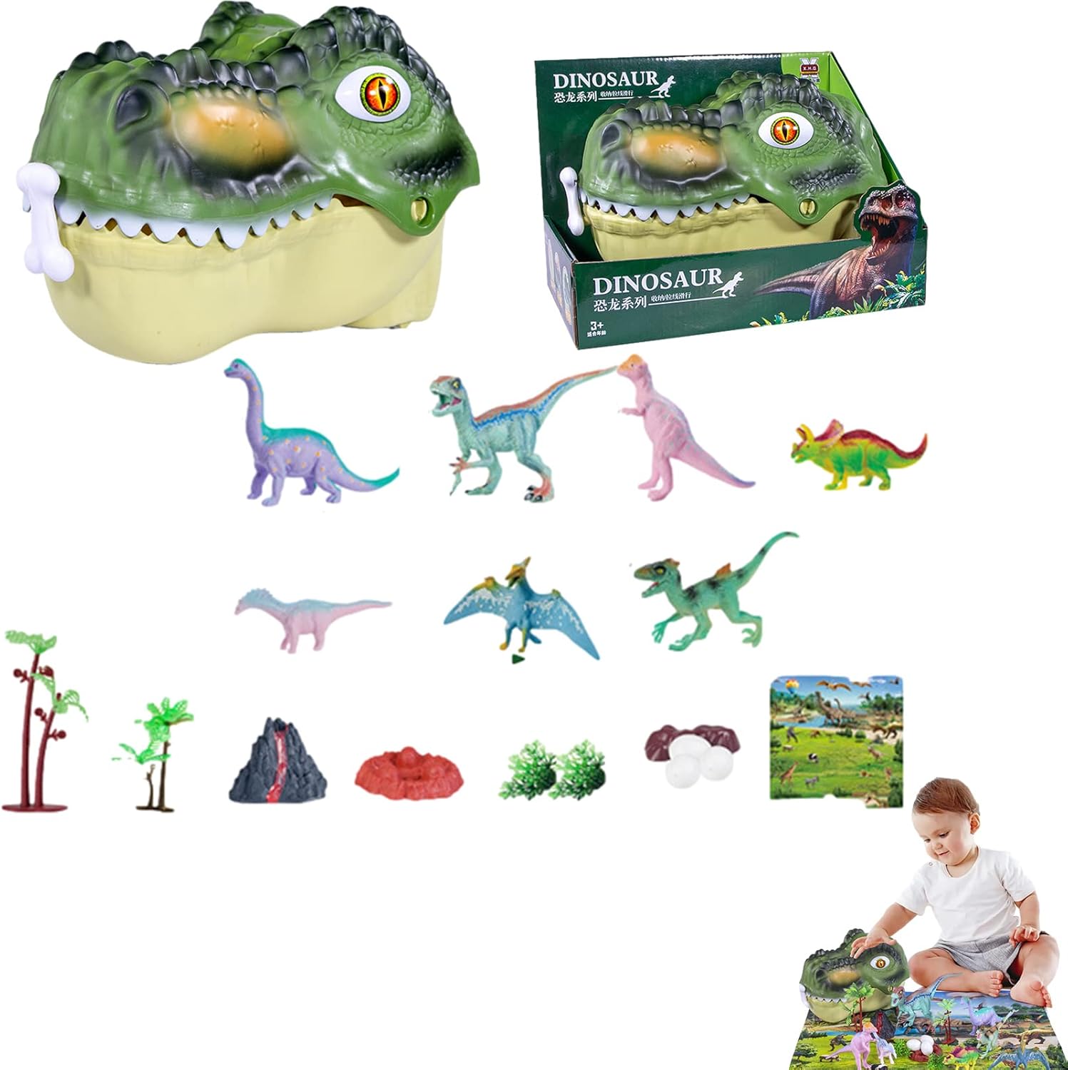 Dinosaur Collector Set,Portable Dinosaur Figures Playset with Trees