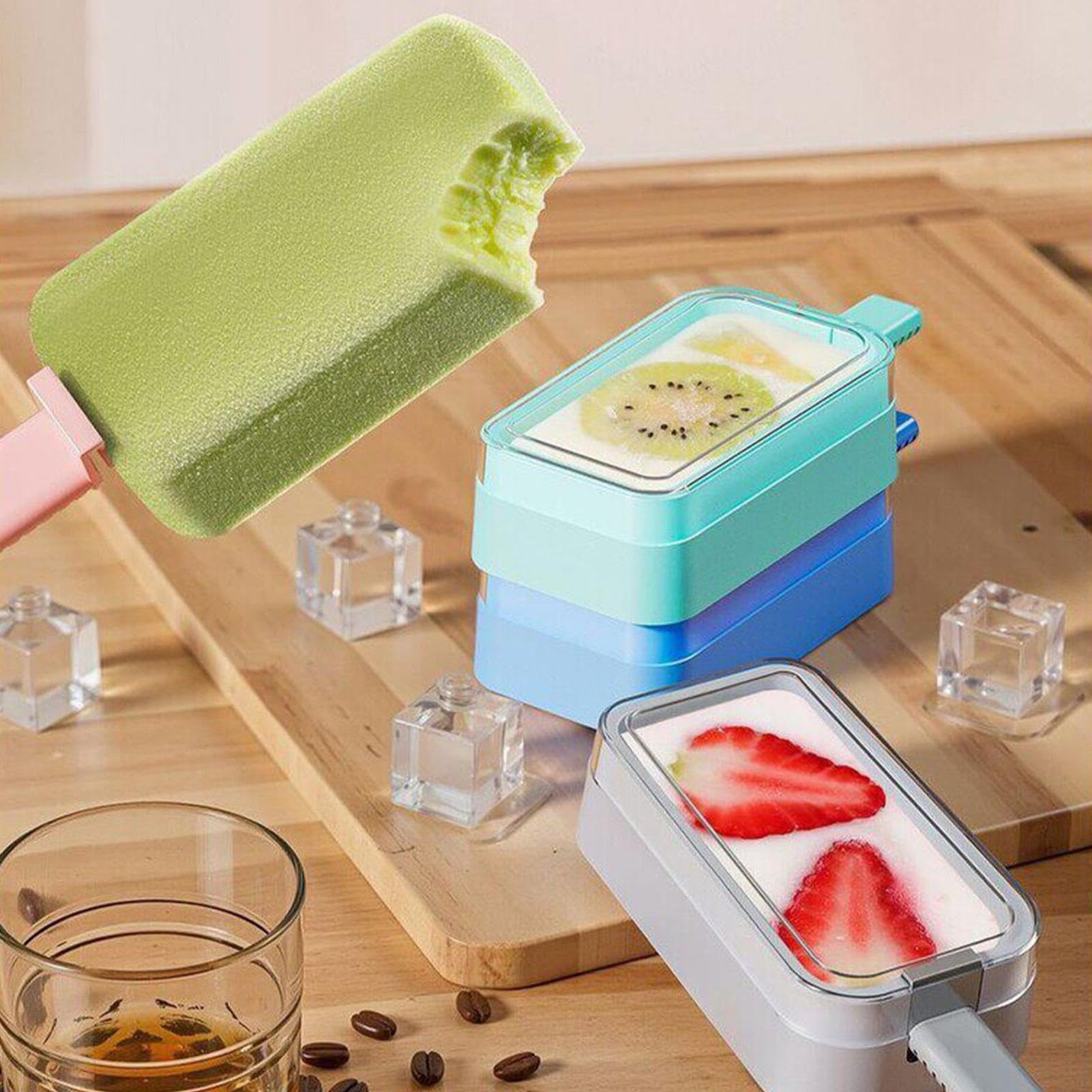Set di 4 stampi per cubetti di ghiaccio, antiaderenti, facili da staccare, riutilizzabili, per alimenti, dessert, feste, estate, congelatore e frigorifero