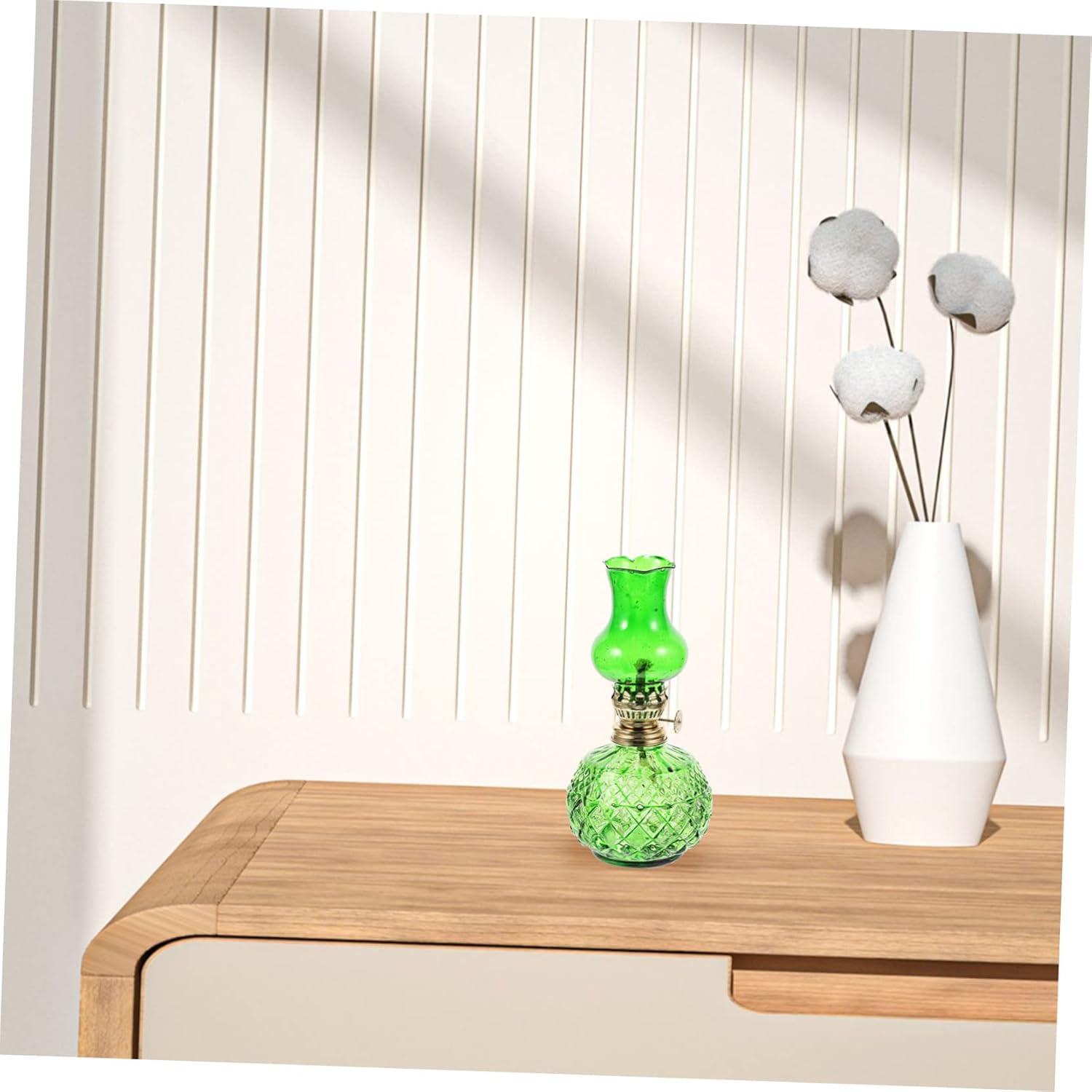 UKCOCO Vintage Glass Kerosene Oil Lamp with Wick Burner Retro Decorative Lantern for Home Tabletop Practical and Elegant Green Glass Lamp for Indoor Use