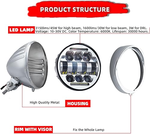 Miniatura 10 de FATECIM Faro delantero LED redondo de 5.75 pulgadas para motocicleta con visera de 5 12 pulgadas, luz alta y baja, DRL, montaje inferior,