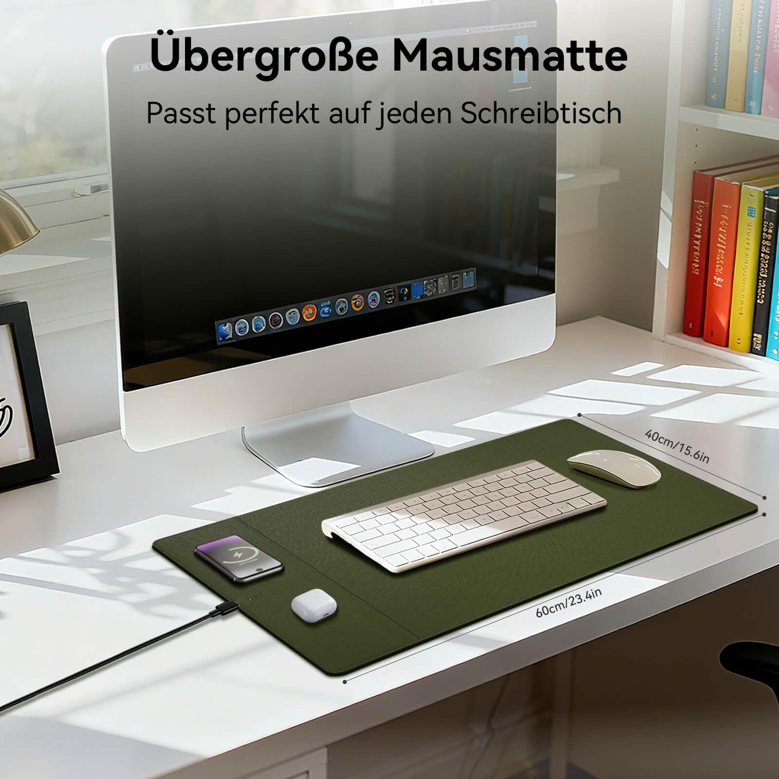 Tappetino per mouse di ricarica wireless con funzione di ricarica rapida da 15 W, magnetico, dimensioni 60 x 40 cm (23,4" x 15,6") con superficie ultra liscia, colore: grigio verde per MacBook, PC e