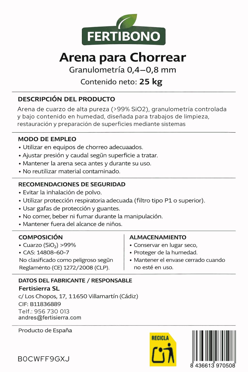 Arena para Chorrear Fertibono 25kg Fertibono – Elimina óxido y pintura, granulometría ideal, alta pureza SiO2, sin humedad