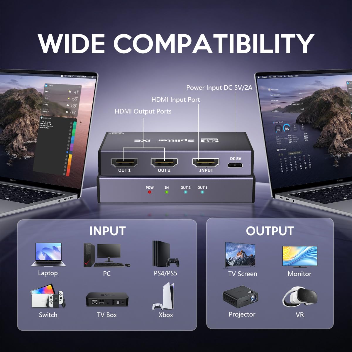 Divisor HDMI 1 en 2 salidas, divisor HDMI 4K UHD para monitores duales, con modo espejo, sincronización de audio, carcasa de metal, compatible con TV, PS5, Xbox, STB, PC, portátil