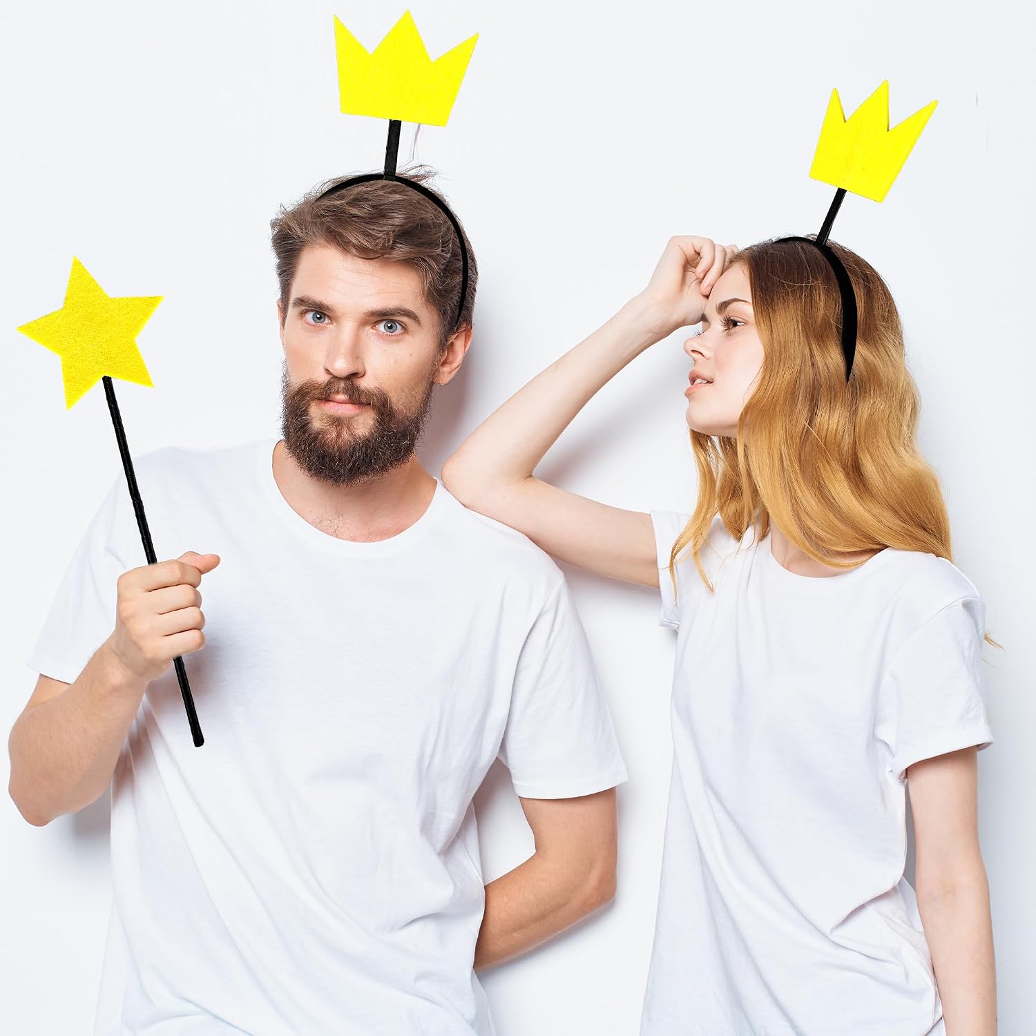 4 Set Star Wand and Crown Headband Set Fairy Wand and Crown for Adults Couples Family Halloween Costume Cosplay Dress Up Accessories Star Wand Crown Set for Party Photo Props