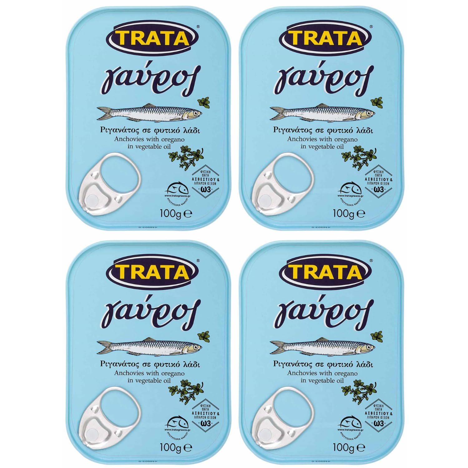 Sardellen (Anchovies) mit Oregano in Öl 4x 100g Dose | Trata | Gavros Beliebte grieische Fischspezialität | +20ml Jassas Olivenöl