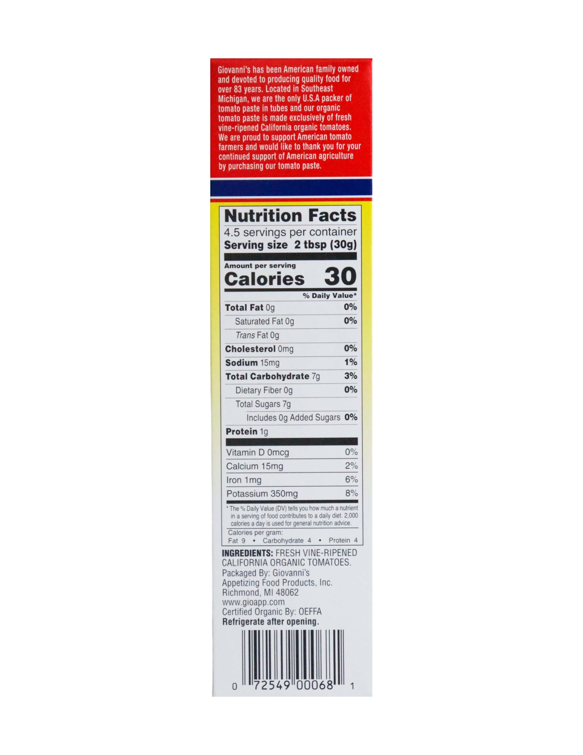 Giovanni’s Organic Double Concentrated Tomato Paste – Single (4.5 oz Tube) | Made in the USA with Vine-Ripened California Tomatoes, Non-GMO, No Additives, Rich Flavor