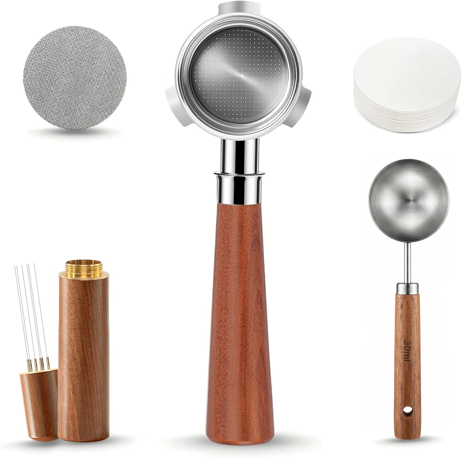 54mm Bottomless Portafilter 3 Ears, 5-Piece Espresso Kit with WDT Tool, Puck Screen, Filter Papers & Measuring Spoon, Compatible with Breville/Sage Barista Express, Pro & Touch, Rosewood Handle