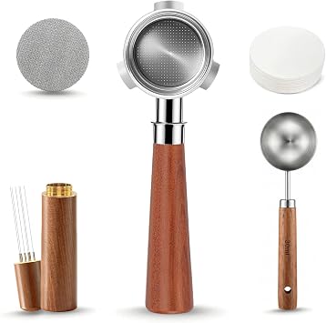 54mm Bottomless Portafilter 3 Ears, 5-Piece Espresso Kit with WDT Tool, Puck Screen, Filter Papers & Scoop, Compatible with Breville/Sage Barista Express, Pro, Touch, Bambino, Rosewood Handle