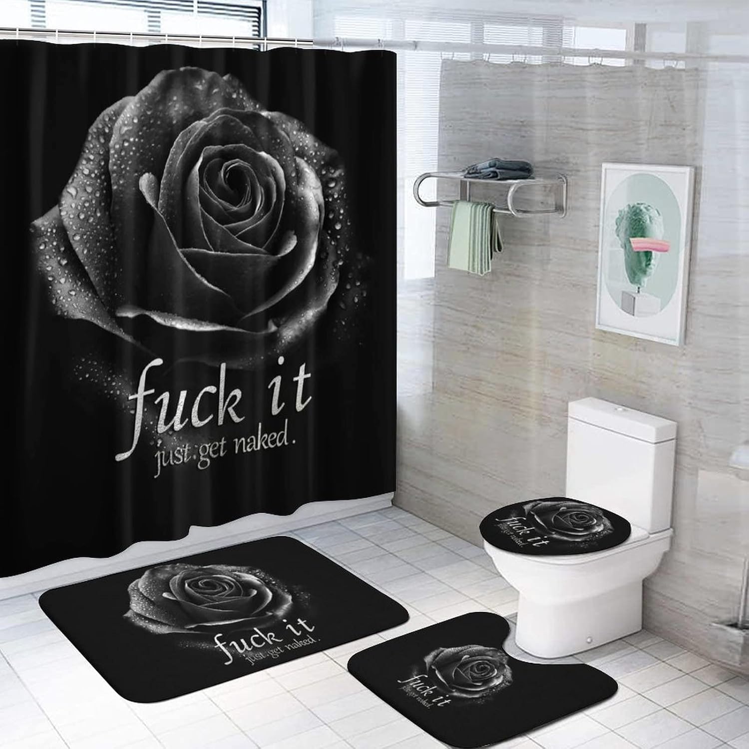jieprom 4PCS Rose Fuck It Get Naked Shower Curtain Set with Non-Slip Rugs, Toilet Lid Cover and Bath Mat, Black Shower Curtain with 12 Hooks, Waterproof Complete Bathroom Decor Set