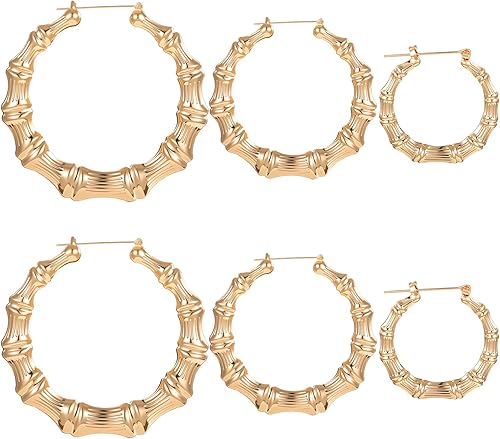 Miniatura 8 de Sibba Bamboo Earring 3 Pair Large Gold Bamboo Hoop Earrings for Women 80s 90s Retro Door Knocker Earrings Hollow Casting Statement Hip Hop Chunky
